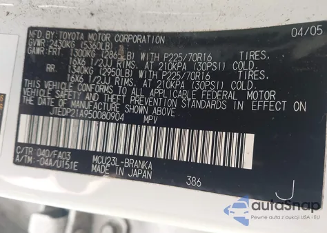 2005 Toyota Highlander V6 from USA, damaged, VIN JTEDP21A950080904